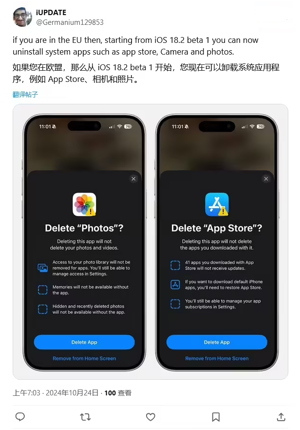 幸福路街道苹果手机维修分享iOS 18.2 支持删除 App Store 应用商店 